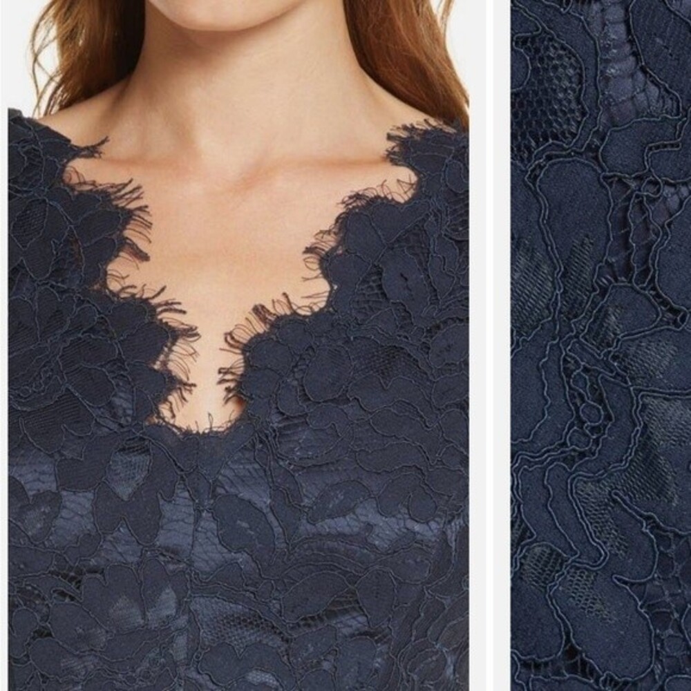 NWT ELIZA J | Navy Lace Frayed Floral Sleeveless V Neck Formal Hi-Lo Dress 8 - Picture 5 of 15